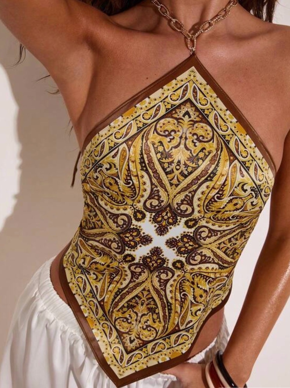 Princess Polly Yellow Brown Paisley Halter Scarf Tank